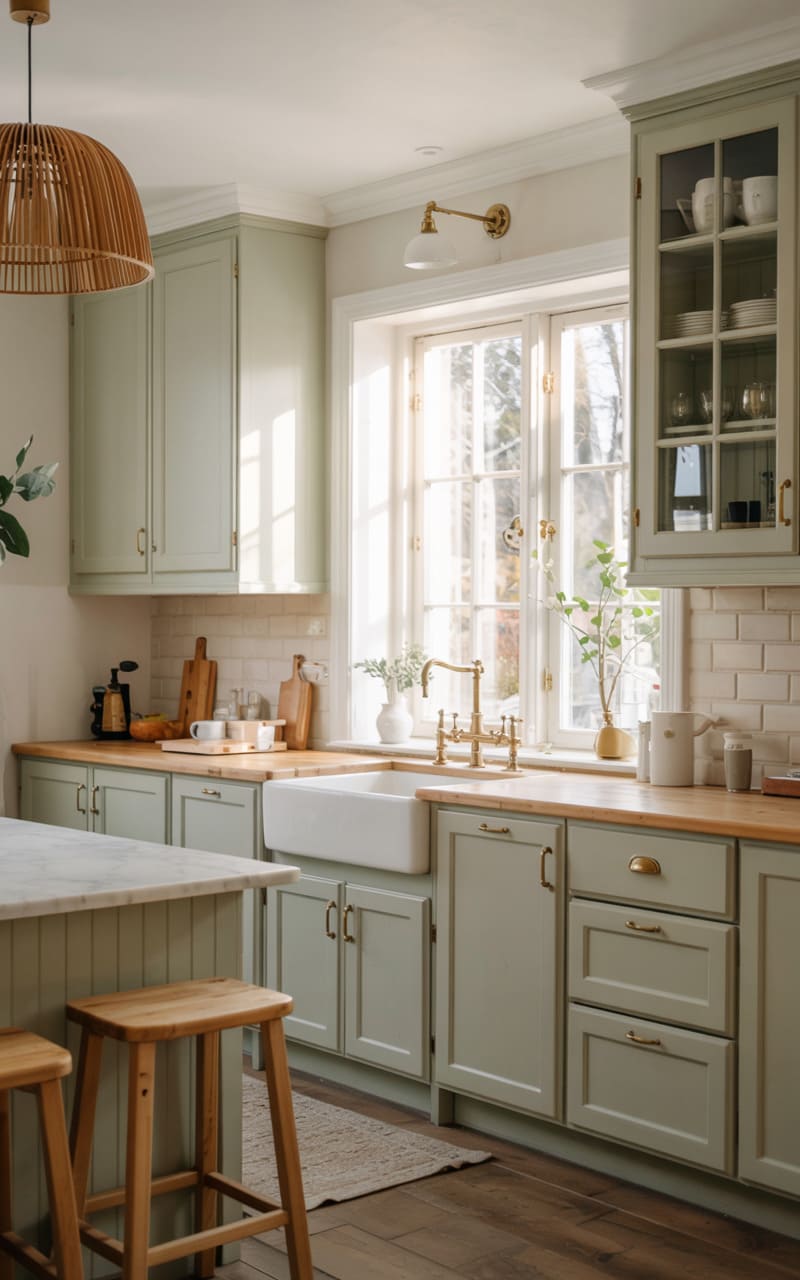 Kitchen with a Soft Sage Green Color Palette and Brass Accents