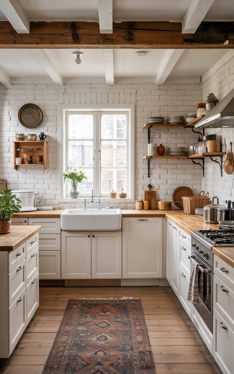 Kitchen with a Whitewashed Brick Wall and Rustic Wood Details