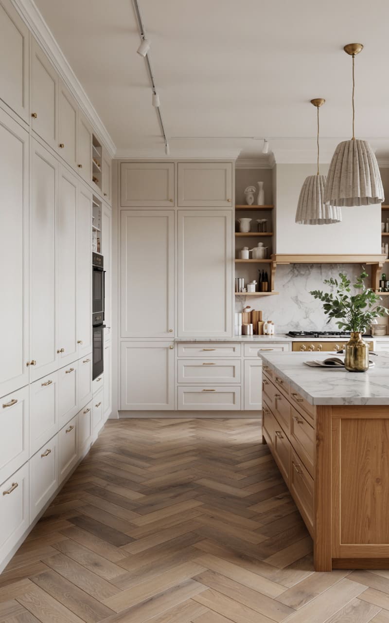 Kitchen with a Herringbone Wood Floor and Built-In Pantry