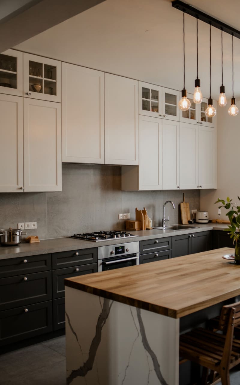 Kitchen with a Two-Tone Cabinet Design and Concrete Countertops