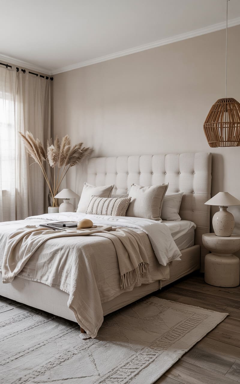 Bedroom with a Soft Neutral Palette and Layered Textiles