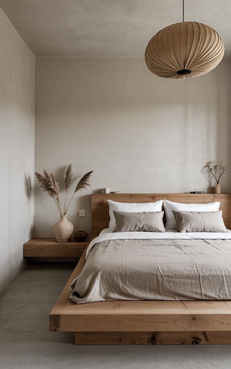 Bedroom with a Minimalist Floating Wood Bed and Japandi Elements