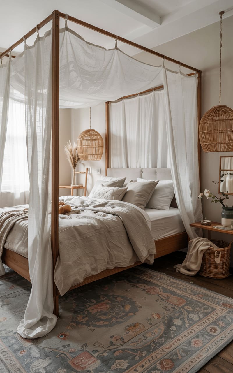 Bedroom with a Cozy Canopy Bed and Sheer White Curtains