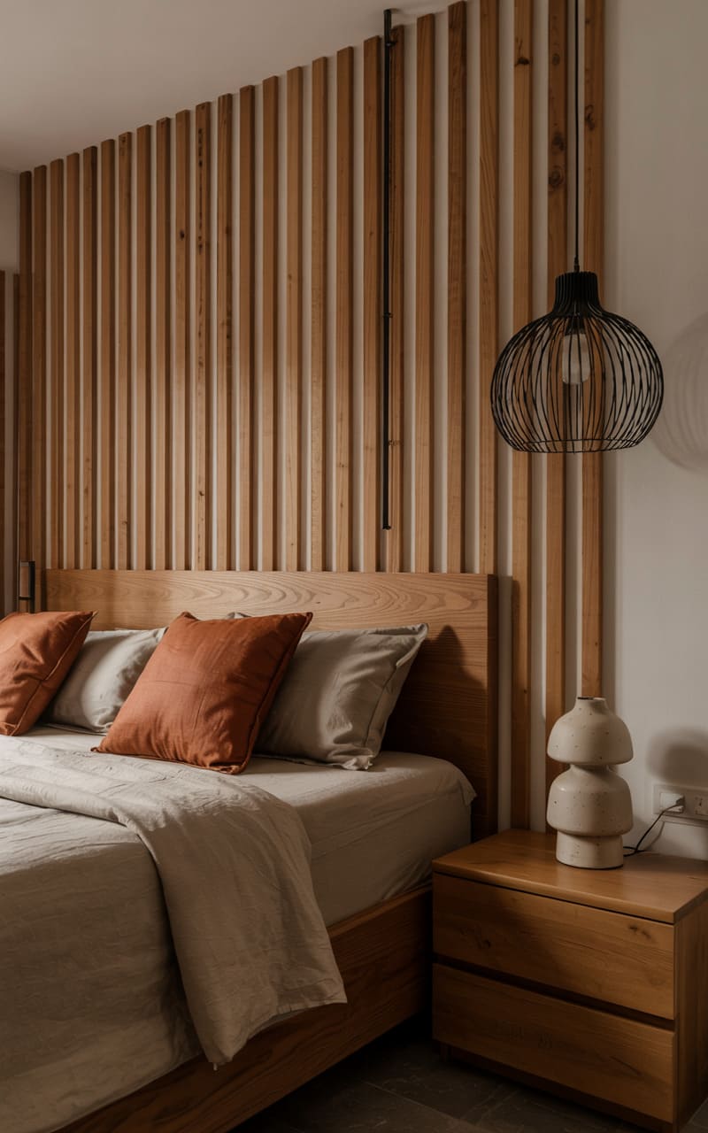 Bedroom with a Statement Wood Slat Headboard and Earthy Tones