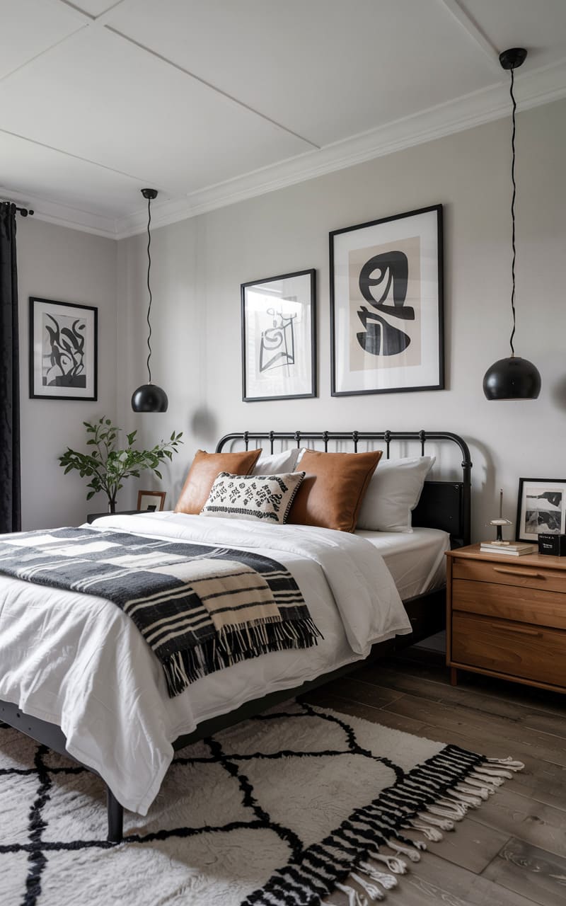 Bedroom with a Monochrome Aesthetic and Black Accents