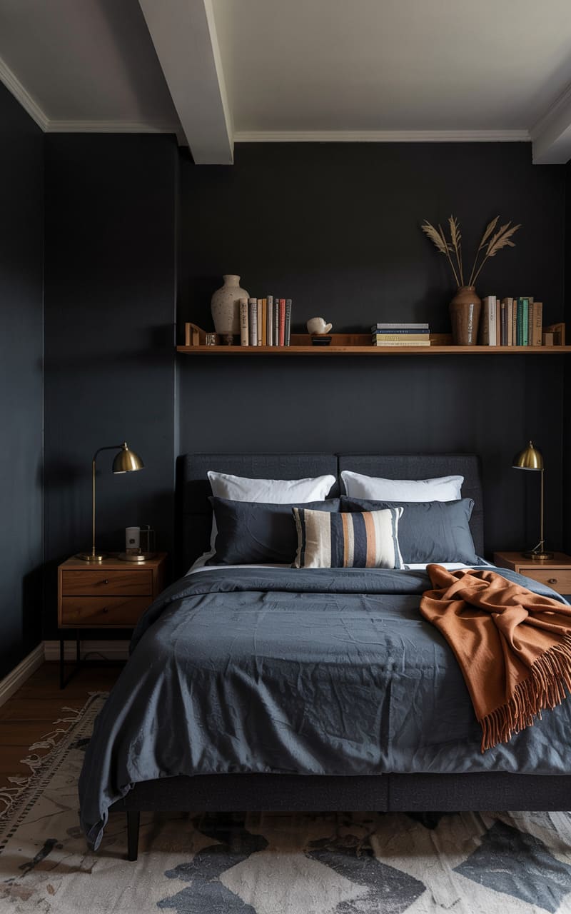 Bedroom with a Dark Moody Color Palette and Warm Wood Accents