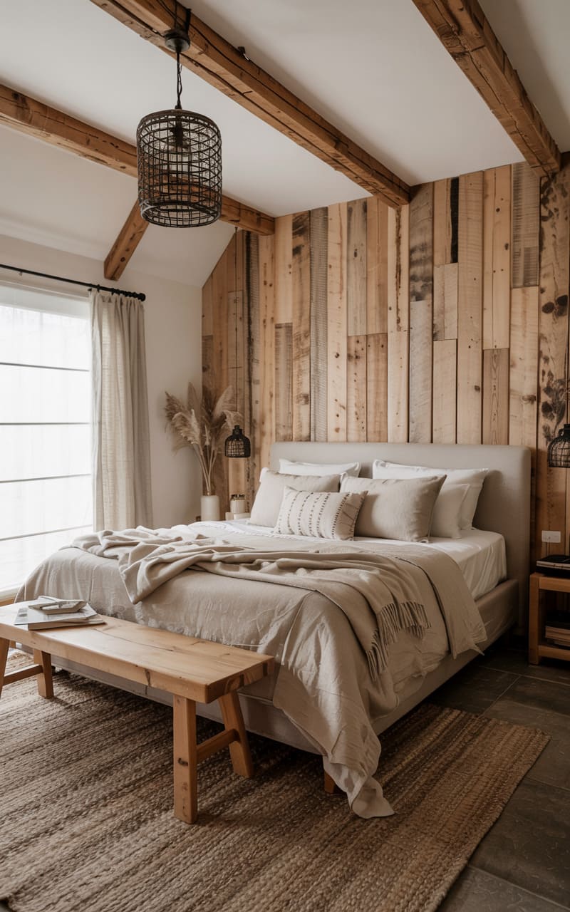 Bedroom with a Rustic Cabin-Inspired Design and Exposed Wood Beams