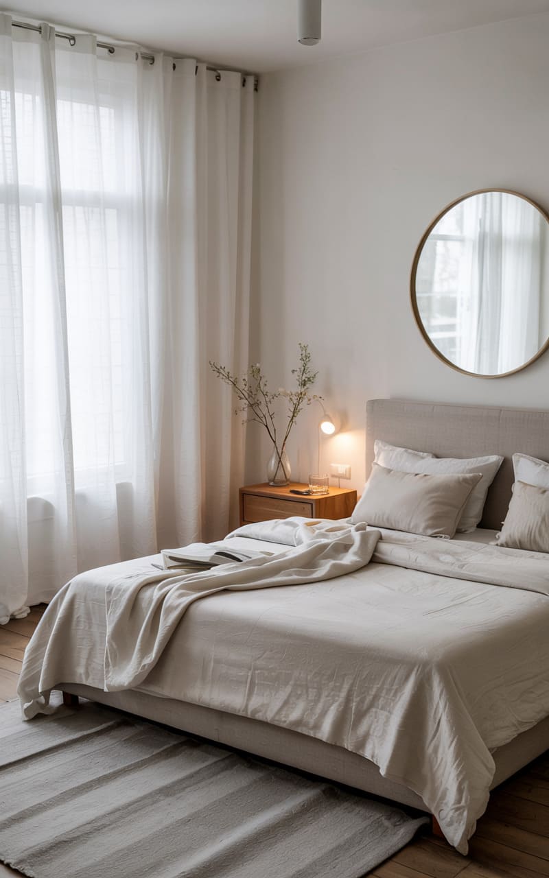 Bedroom with Floor-to-Ceiling Sheer Curtains and a Minimalist Design