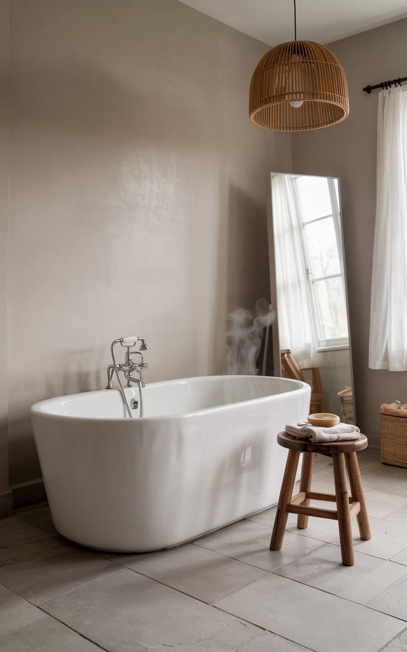 Bathroom with a Minimalist Freestanding Bathtub and Soft Neutral Tones