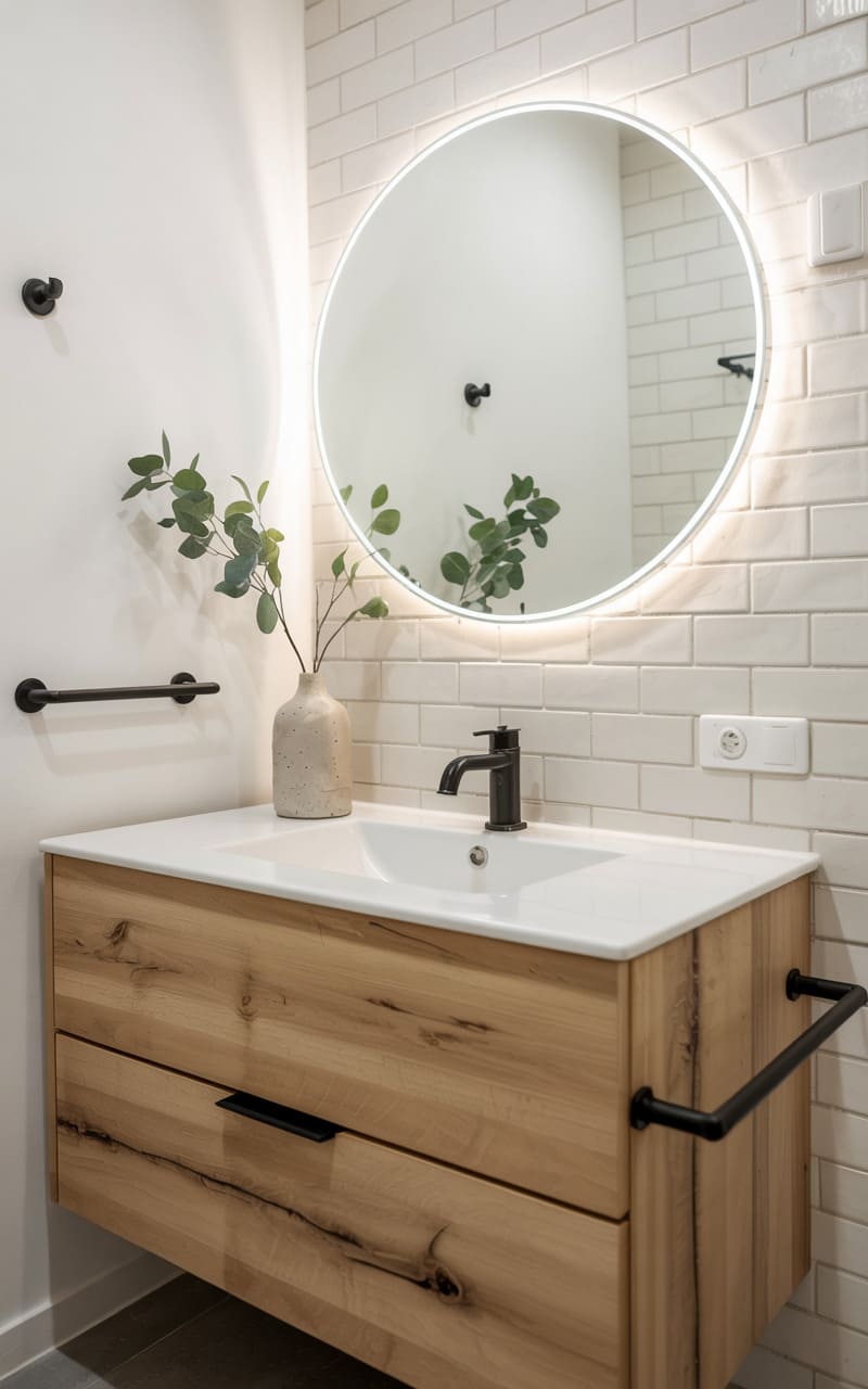 Bathroom with a Floating Oak Vanity and Round Backlit Mirror