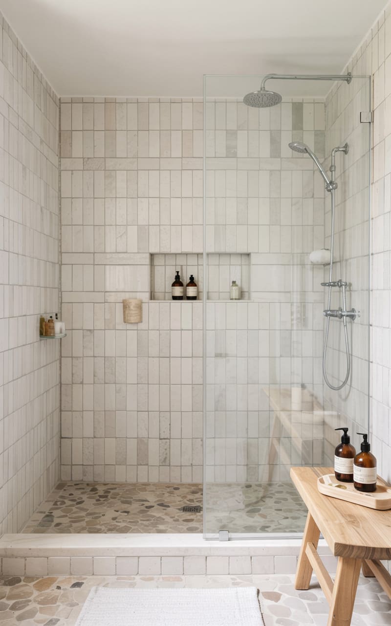 Bathroom with a Walk-In Rain Shower and Frameless Glass Partition