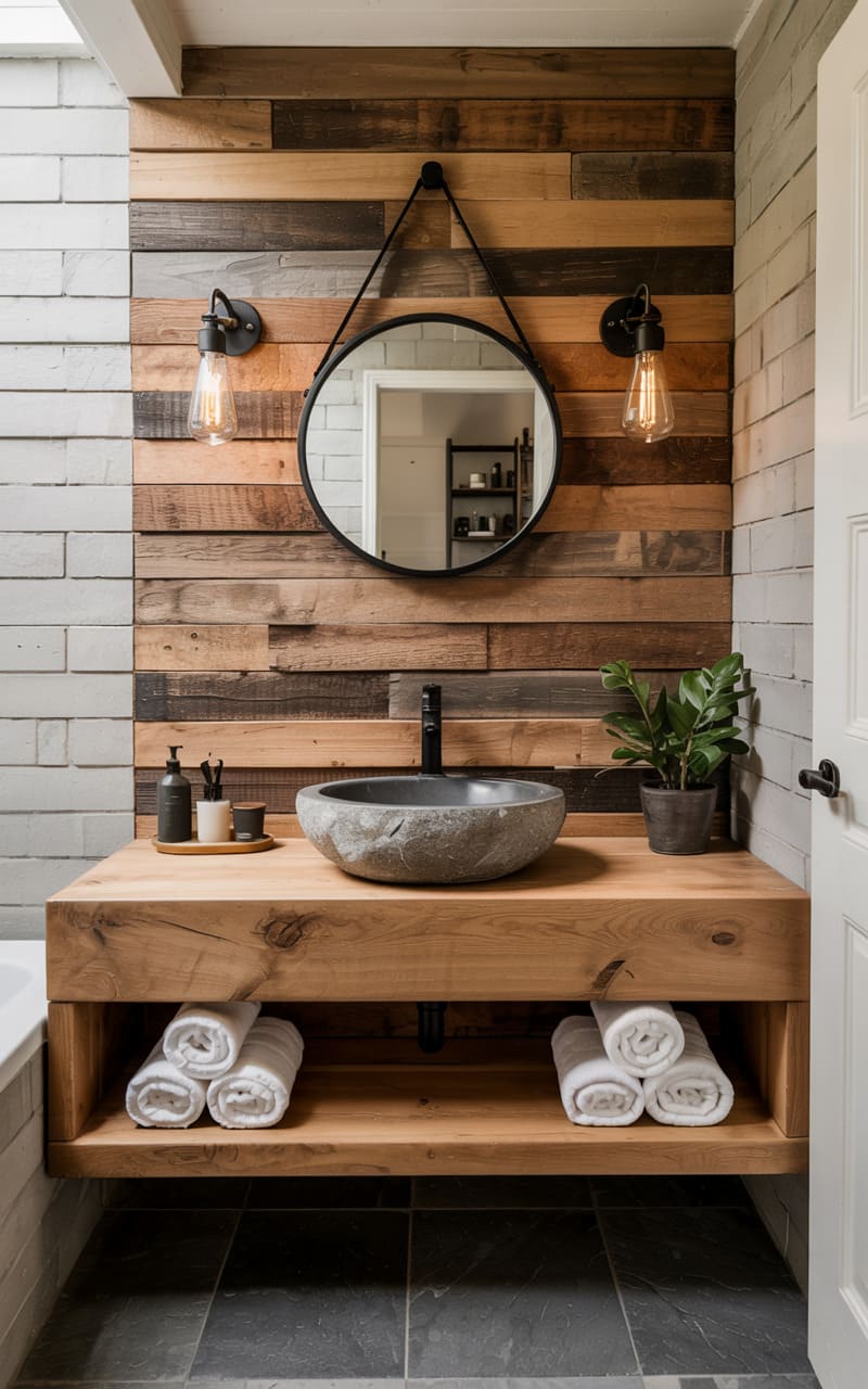 Bathroom with a Rustic Wooden Accent Wall and Stone Basin Sink