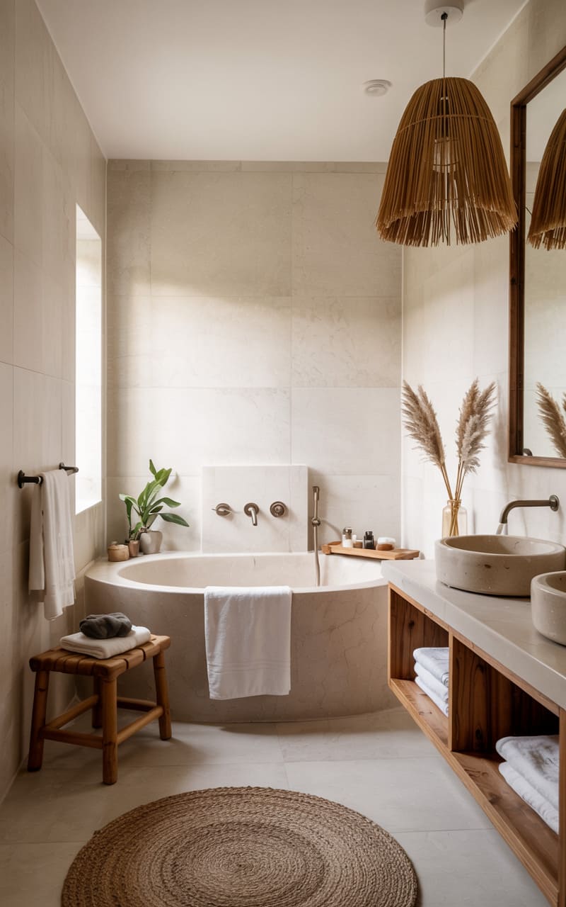Bathroom with a Japandi-Inspired Soaking Tub and Zen Aesthetic