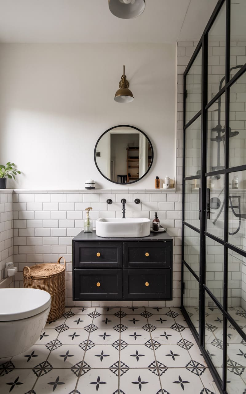 Bathroom with a Monochrome Palette and Graphic Floor Tiles