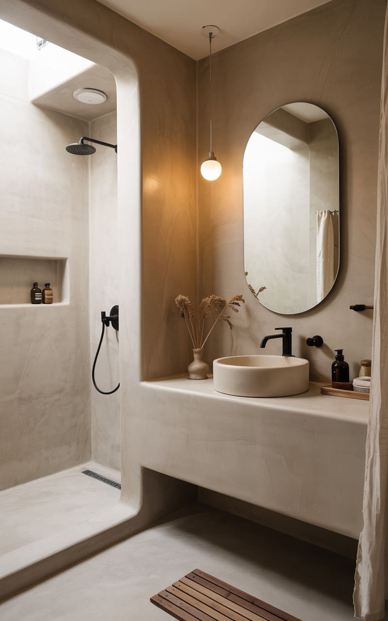 Bathroom with a Warm Beige Microcement Finish and Organic Shapes