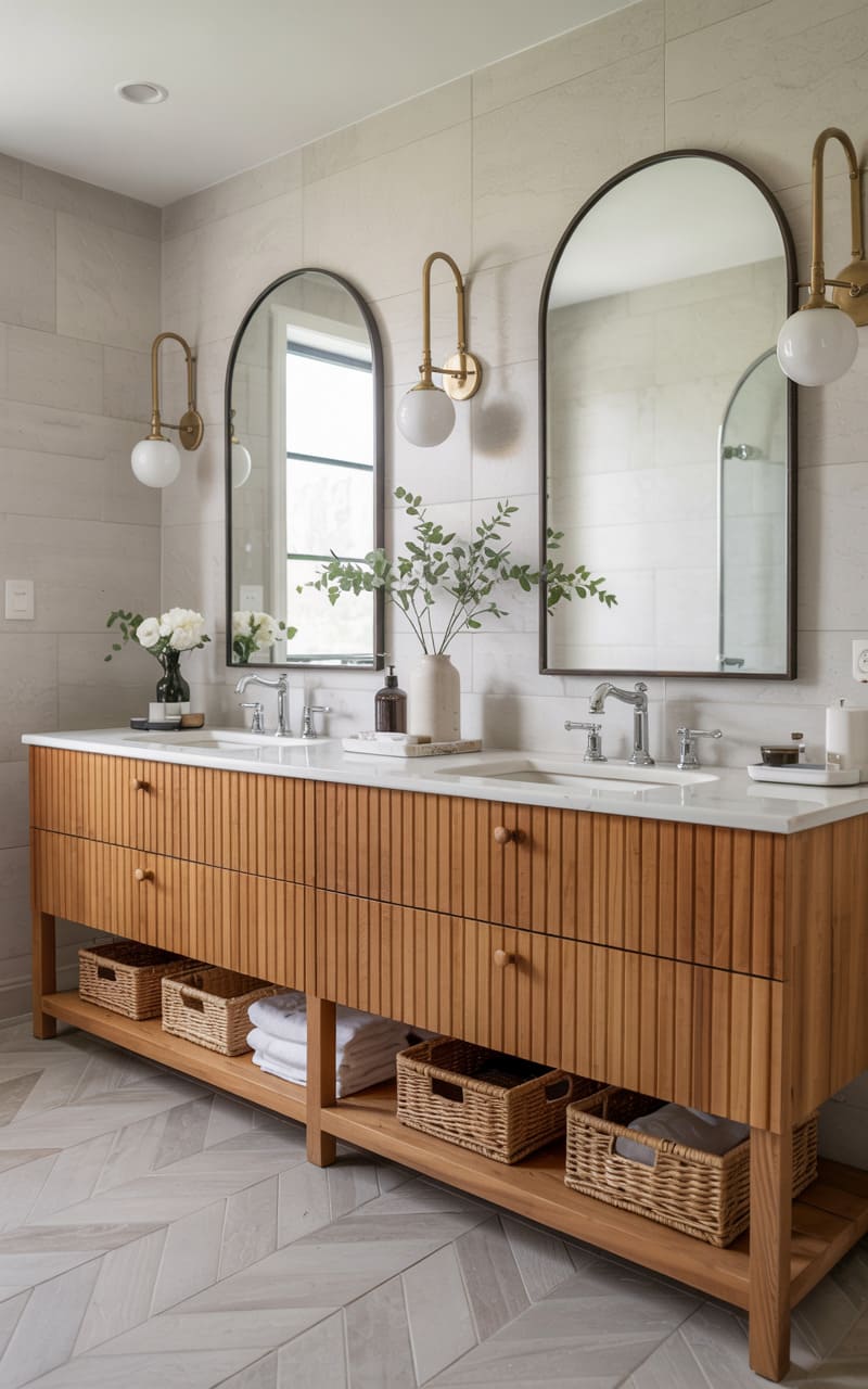 Bathroom with a Dual Vanity and Fluted Wood Cabinetry