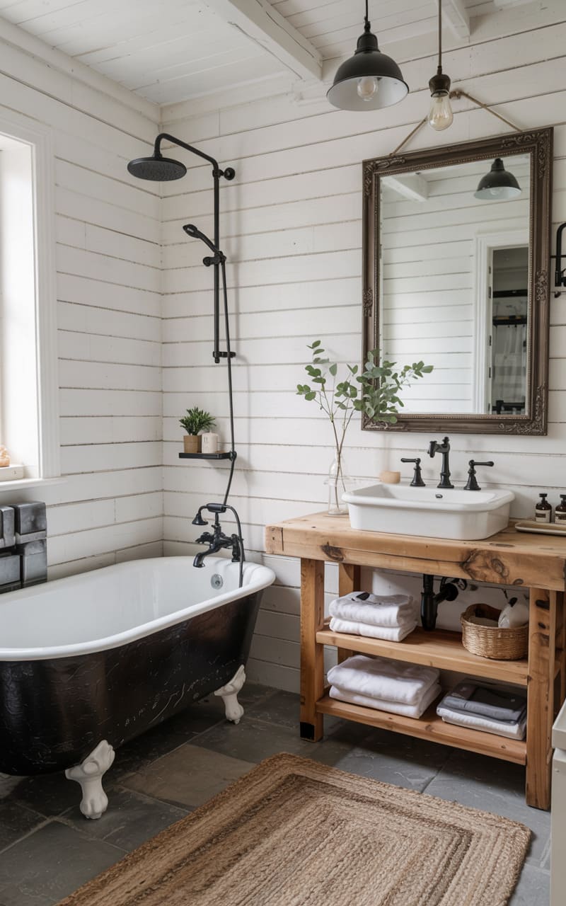Bathroom with a Black Clawfoot Tub and Modern Industrial Accents