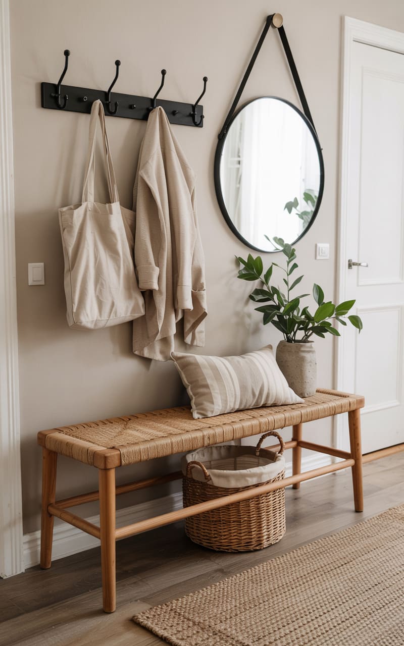 Entryway with a Minimalist Oak Bench and Wall Hooks