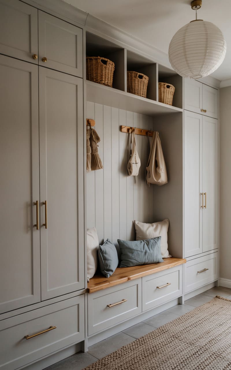 Entryway with Built-In Storage and Soft Gray Cabinetry