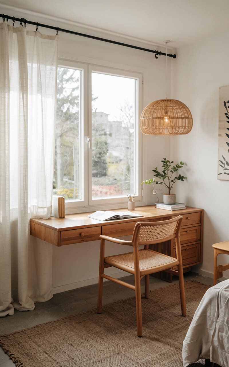 Home Office with a Floating Desk and Large Windows