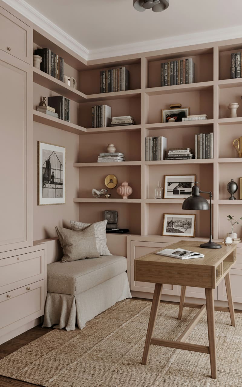 Home Office with a Built-In Shelving Wall and Cozy Reading Nook