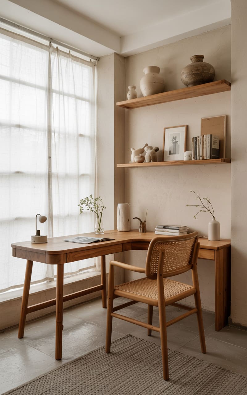 Home Office with a Compact Work-From-Home Setup and Japandi Accents