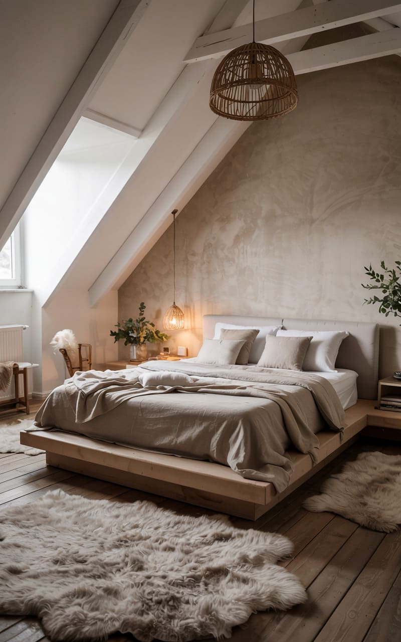 Attic Bedroom with Exposed Wood Beams and a Low Platform Bed