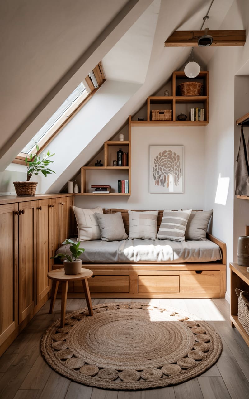 Attic Living Space with Built-In Storage and Skylights