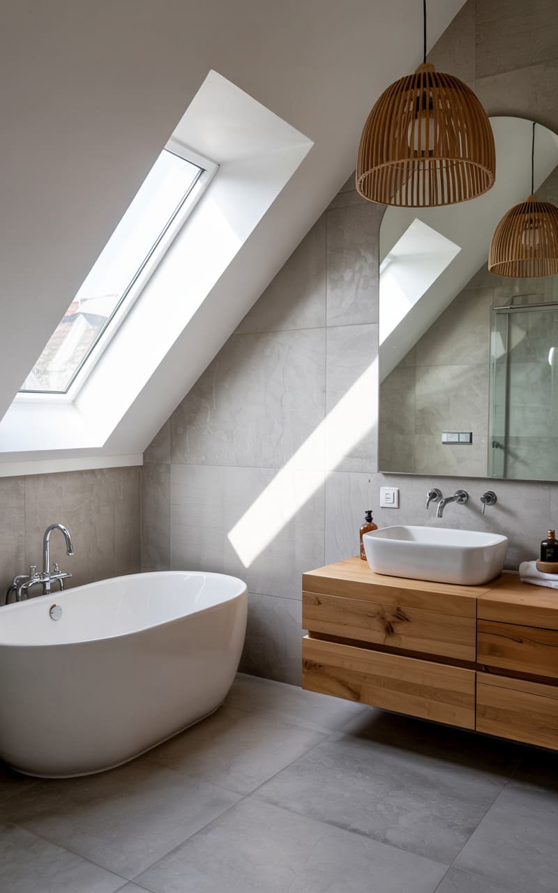 Attic Bathroom with a Freestanding Tub and Sloped Ceiling Windows
