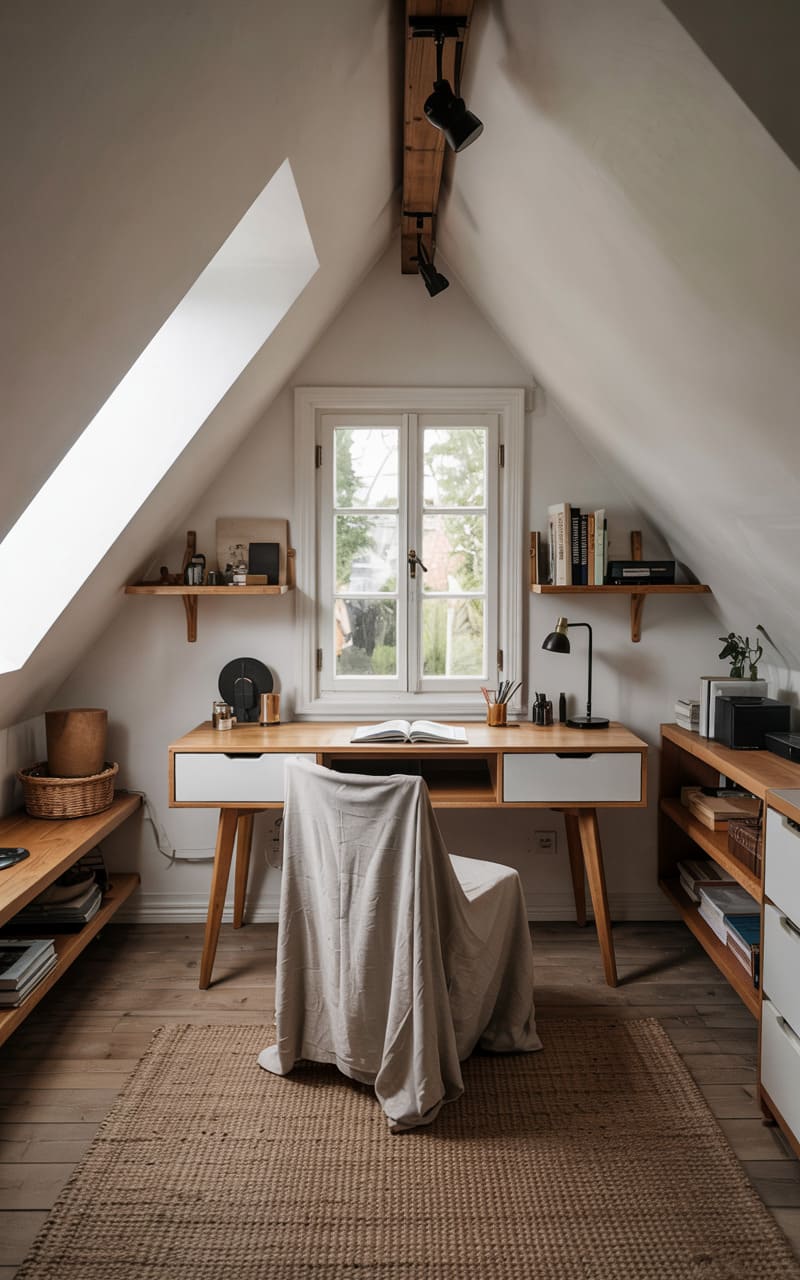 Attic Home Office with a Slanted Ceiling and Compact Workstation