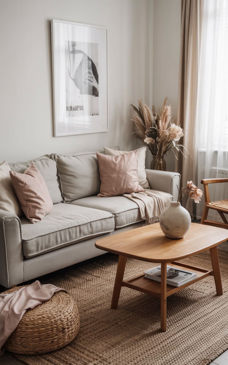 Living Room with Muted Blush Accents and Natural Wood Elements