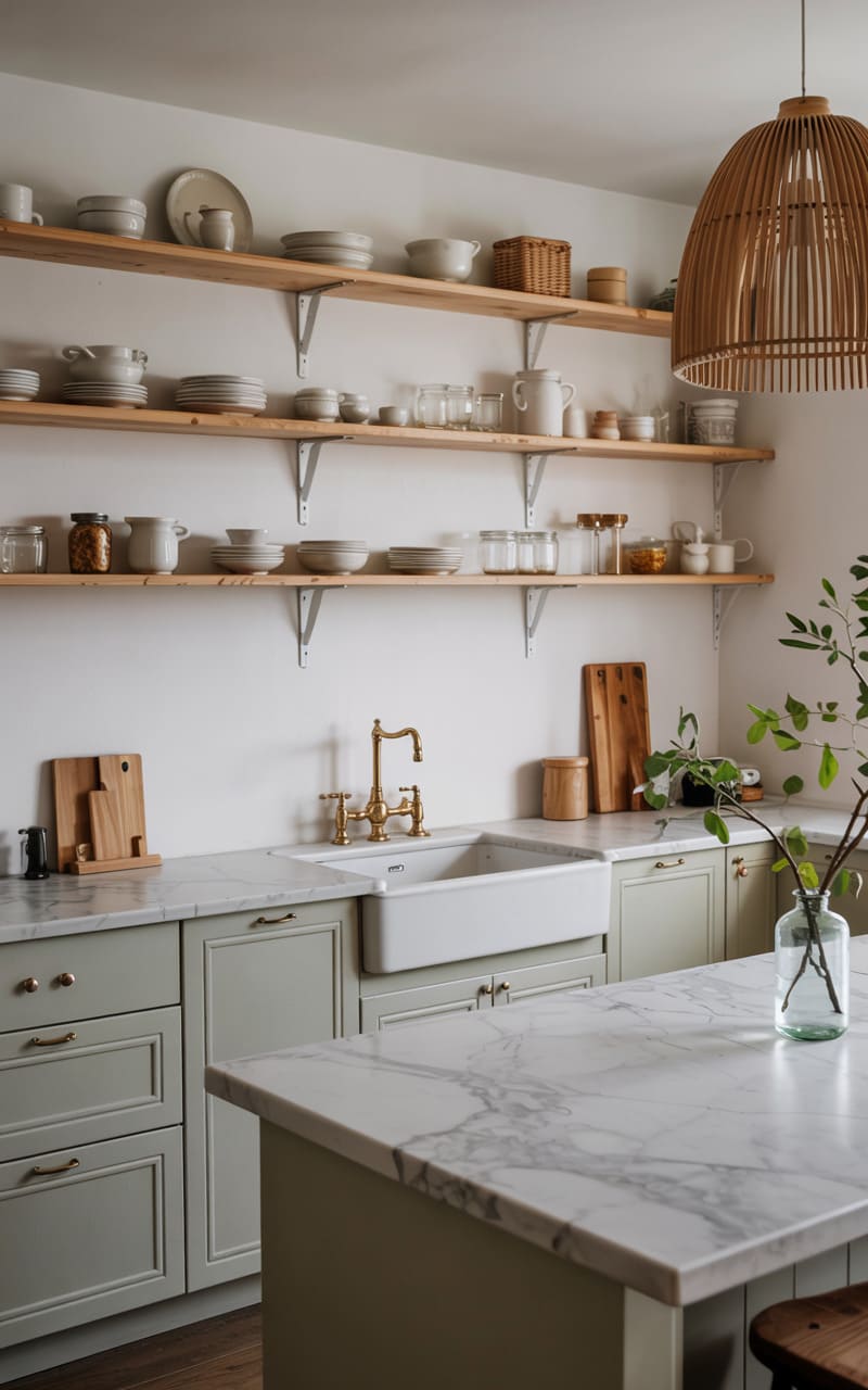 Kitchen with Sage Green Cabinetry and Marble Countertops