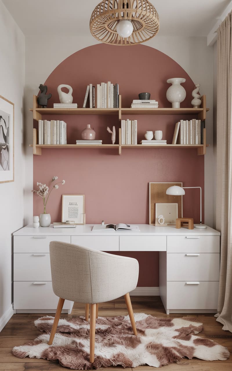 Home Office with a Dusty Rose Accent Wall and Minimalist Desk