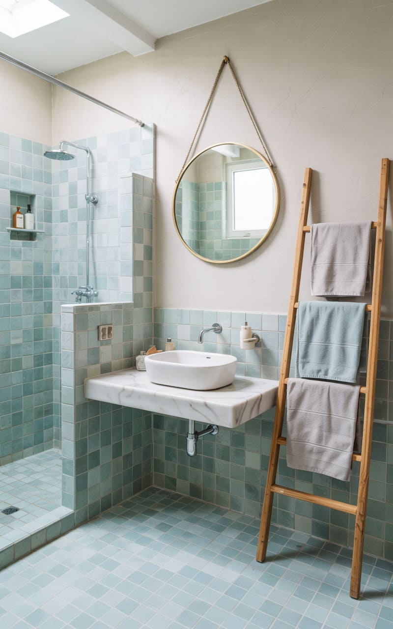 Bathroom with Pastel Blue Mosaic Tiles and White Fixtures