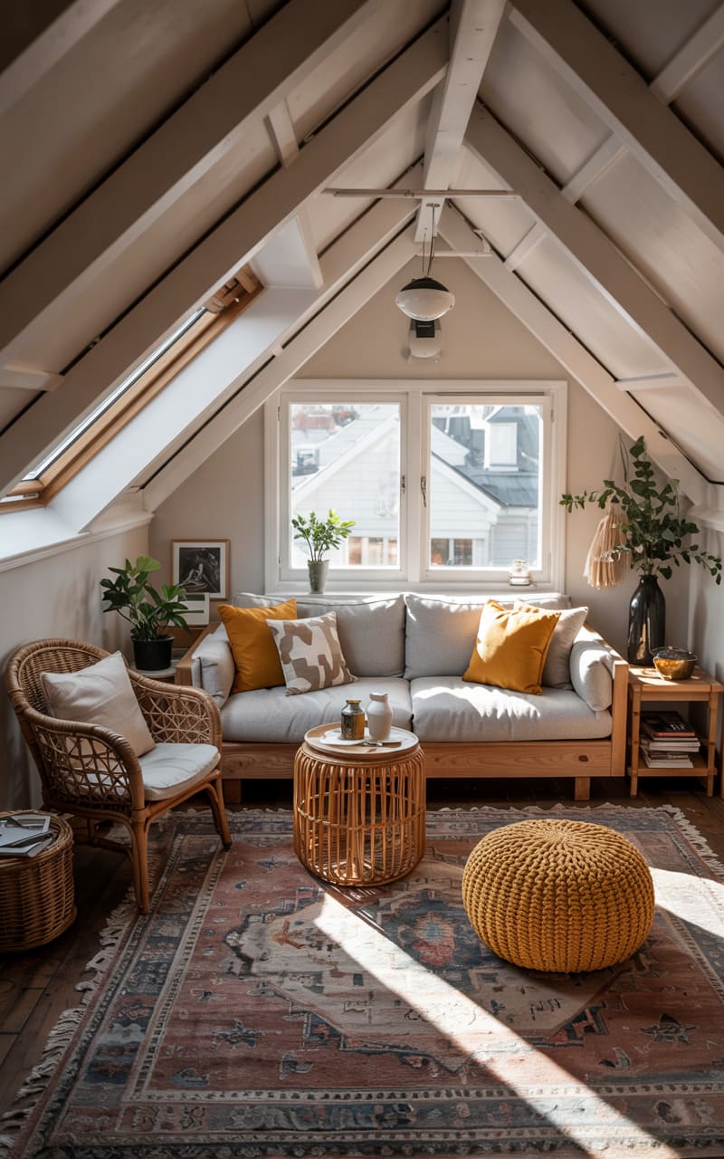 Attic Lounge with Mustard Yellow Accents and Cozy Textures