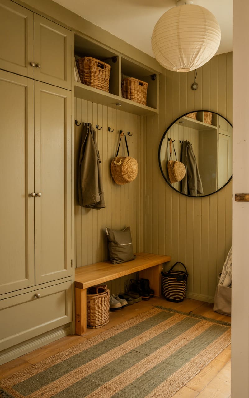 Entryway with Olive Green Built-In Storage and a Wooden Bench