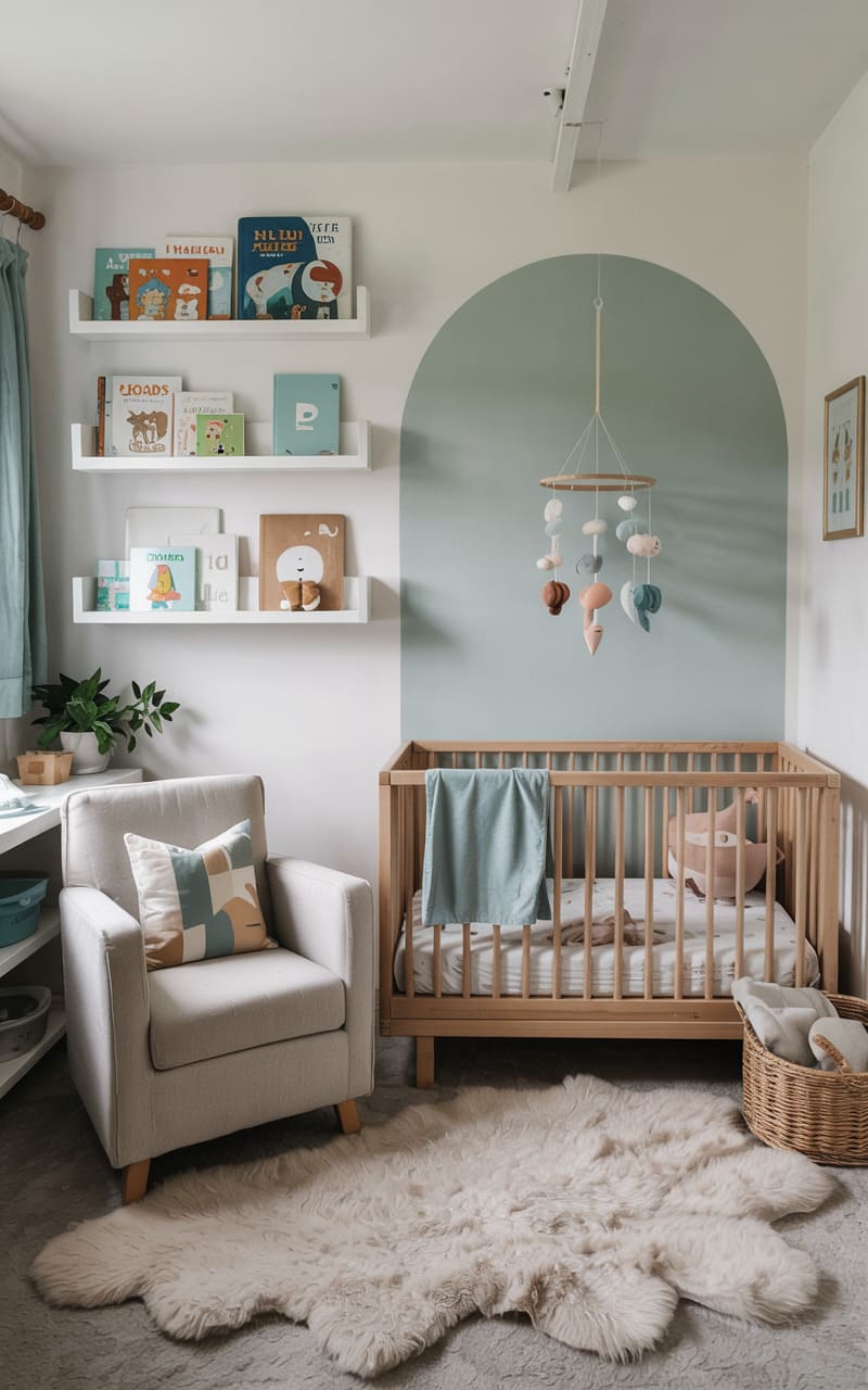 Nursery with Mint Green Accents and Natural Wood Crib