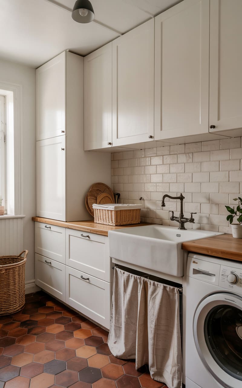 Laundry Room with Warm Terracotta Floor Tiles and White Cabinetry