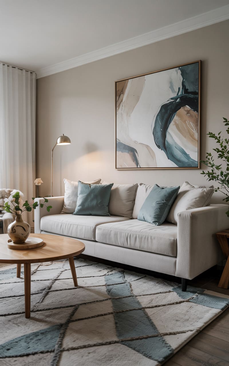 Modern Living Room with Soft Teal Accents and Organic Shapes