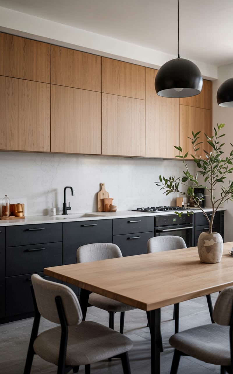 Modern Kitchen with Charcoal Gray Cabinets and Warm Wood Accents