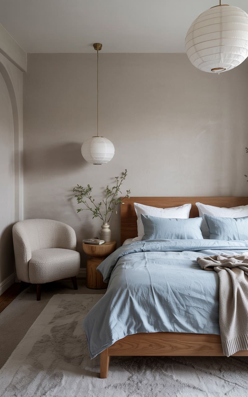Modern Bedroom with Powder Blue Linen Bedding and Natural Oak Furniture