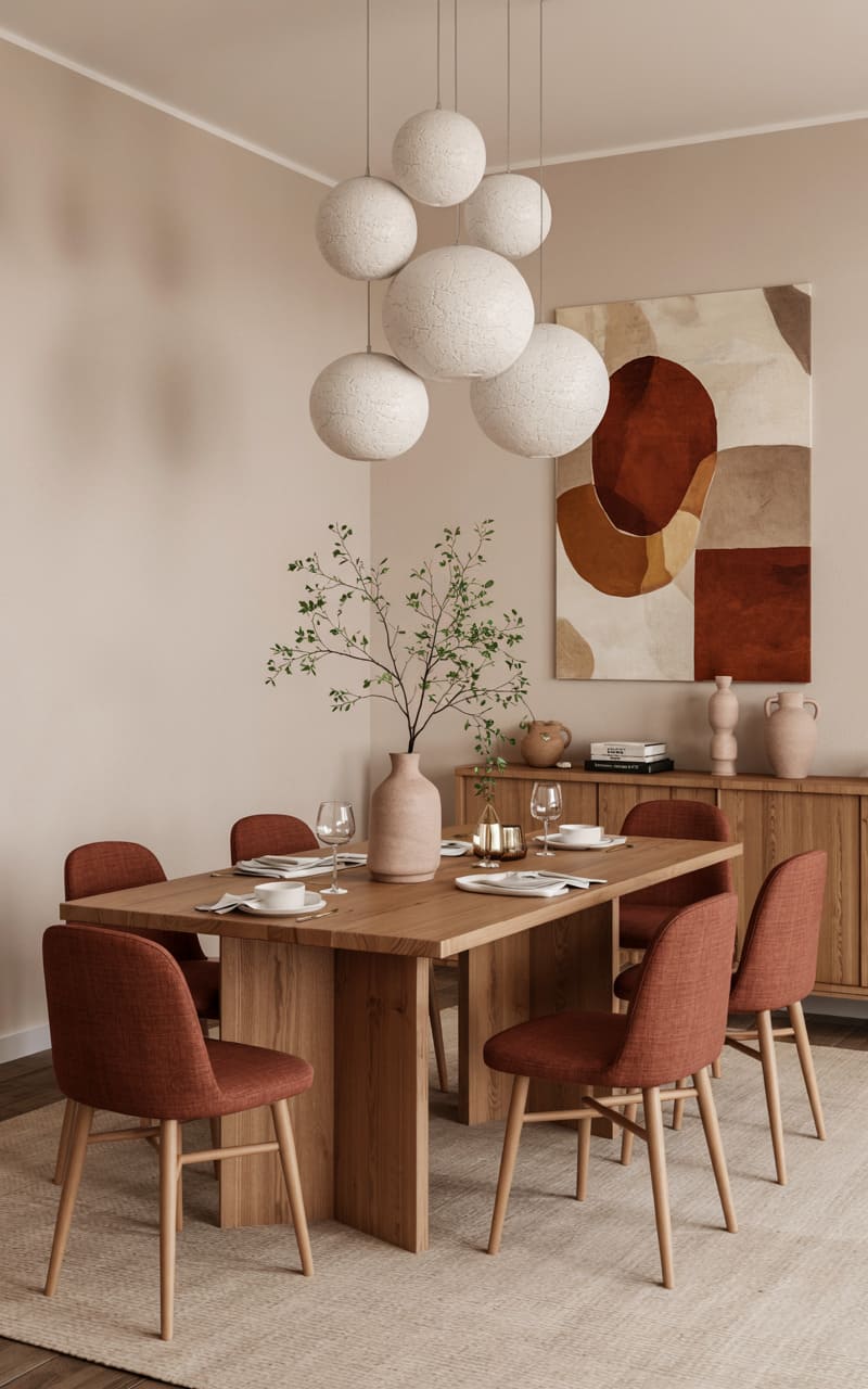 Modern Dining Room with Rust-Colored Upholstered Chairs and Minimalist Pendant Lighting