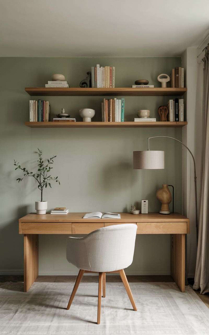 Modern Home Office with a Soft Green Accent Wall and Light Oak Desk