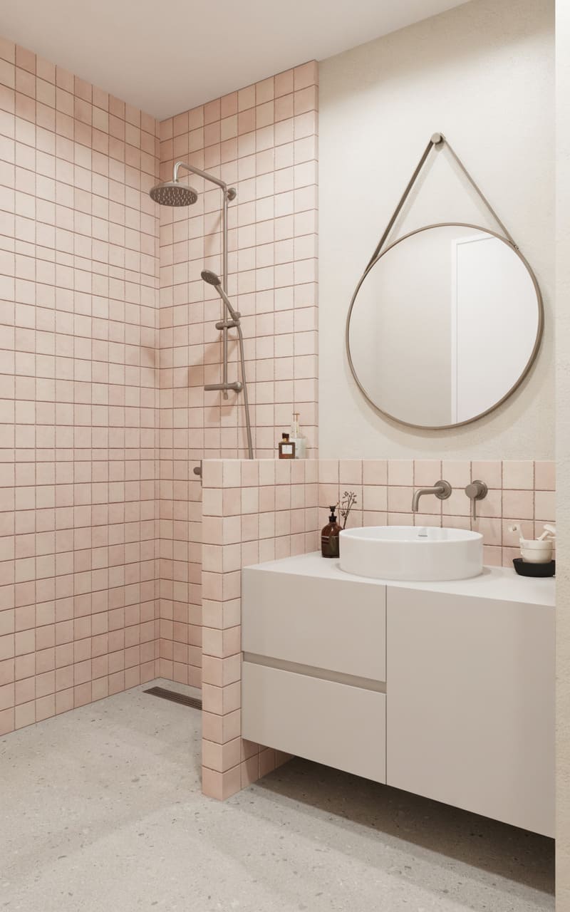Modern Bathroom with Blush Pink Tiles and a Floating Vanity