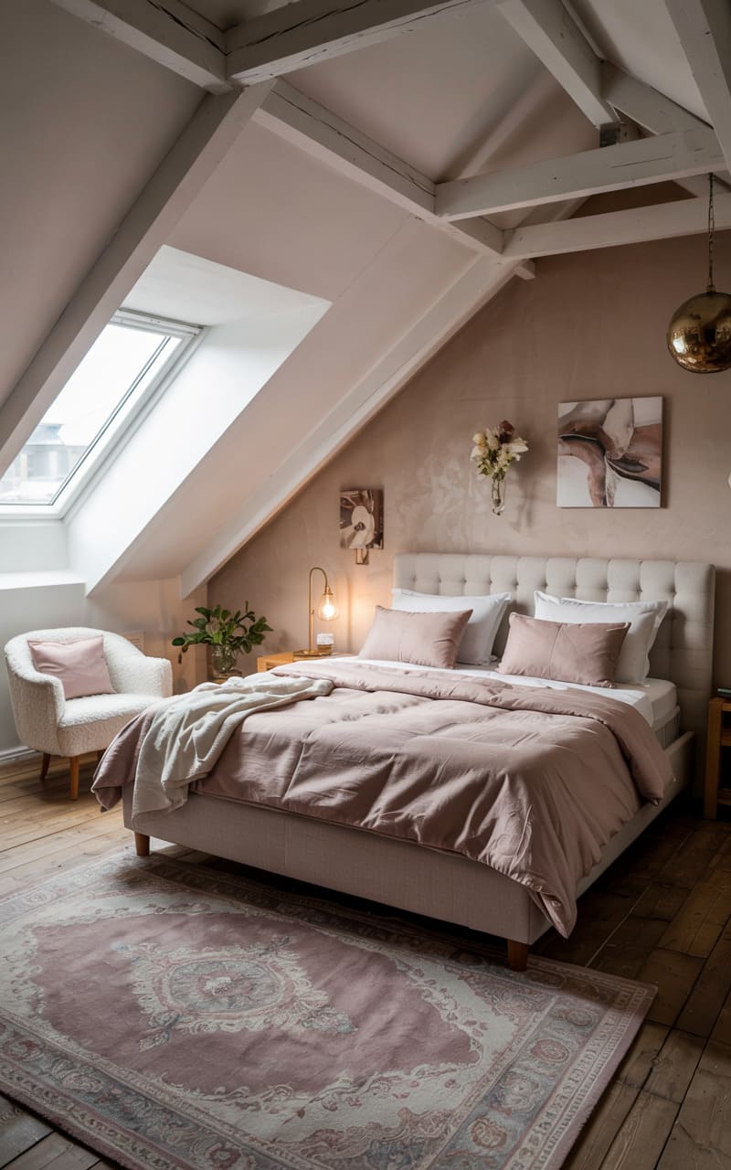 Modern Attic Bedroom with Soft Mauve Bedding and Sloped Skylights
