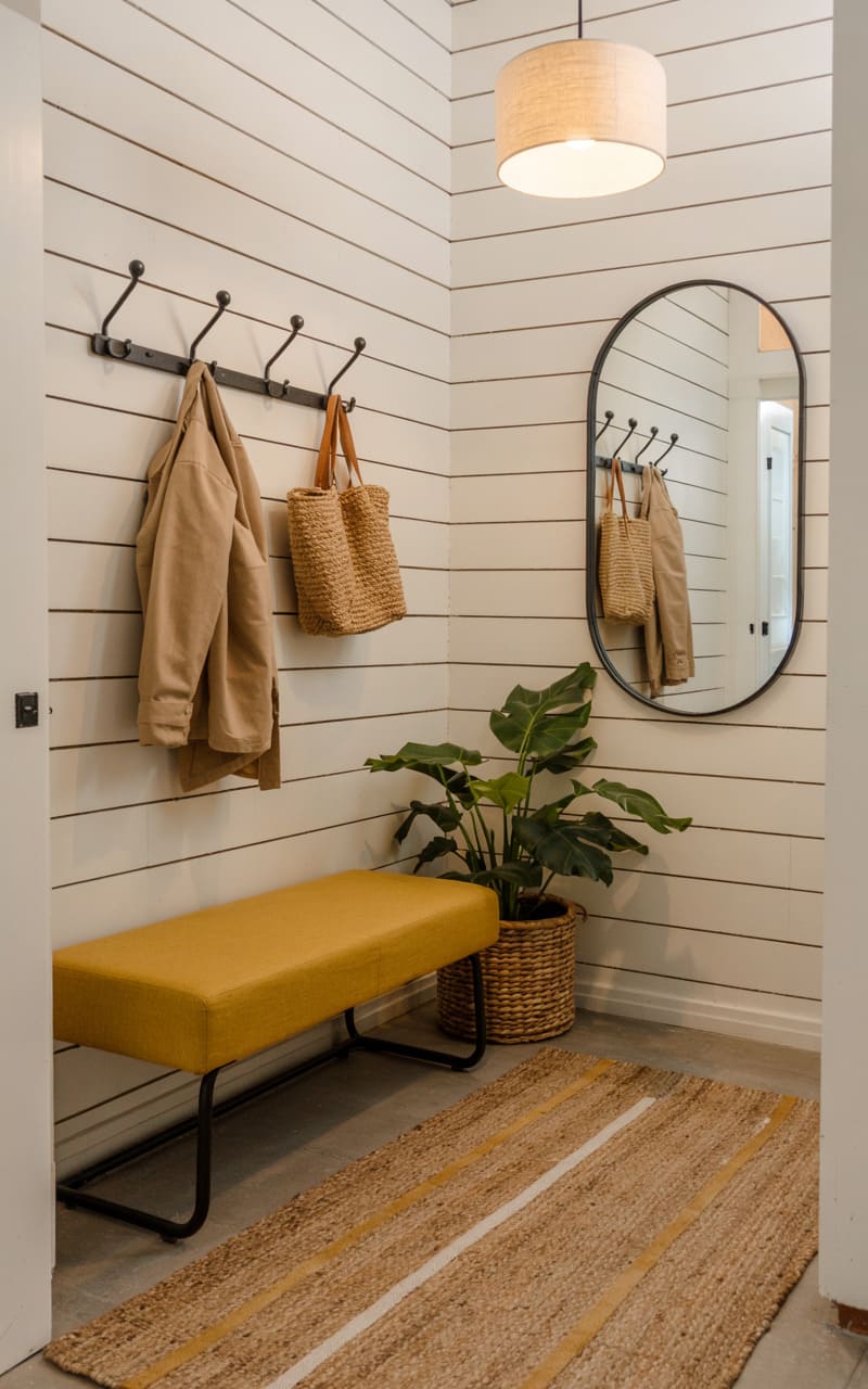 Modern Entryway with Mustard Yellow Bench and Black Metal Accents