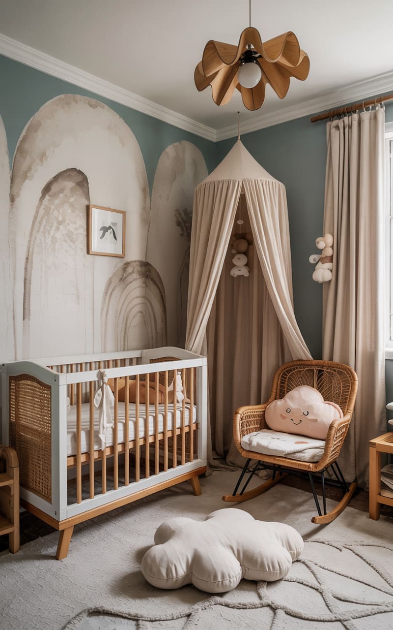 Modern Nursery with Dusty Blue Walls and Natural Textures