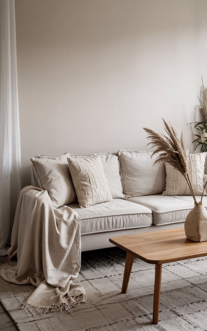 Living Room with Off-White Walls and Soft Herringbone Textures