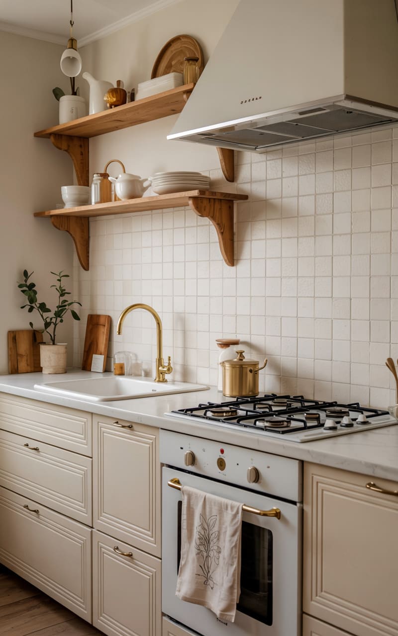 Kitchen with Warm Beige Cabinets and Faint Geometric Backsplash