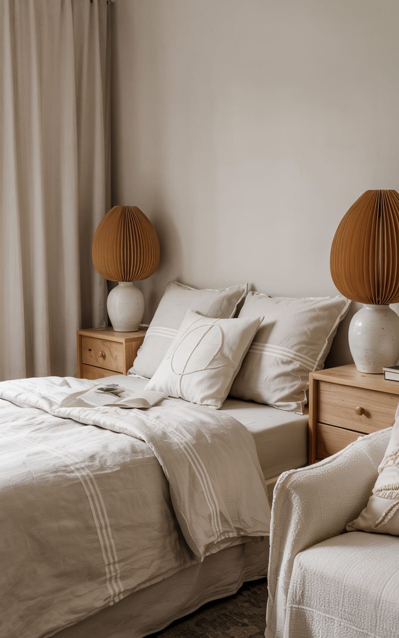 Bedroom with Whispery Sage Accents and Subtle Linen Stripes